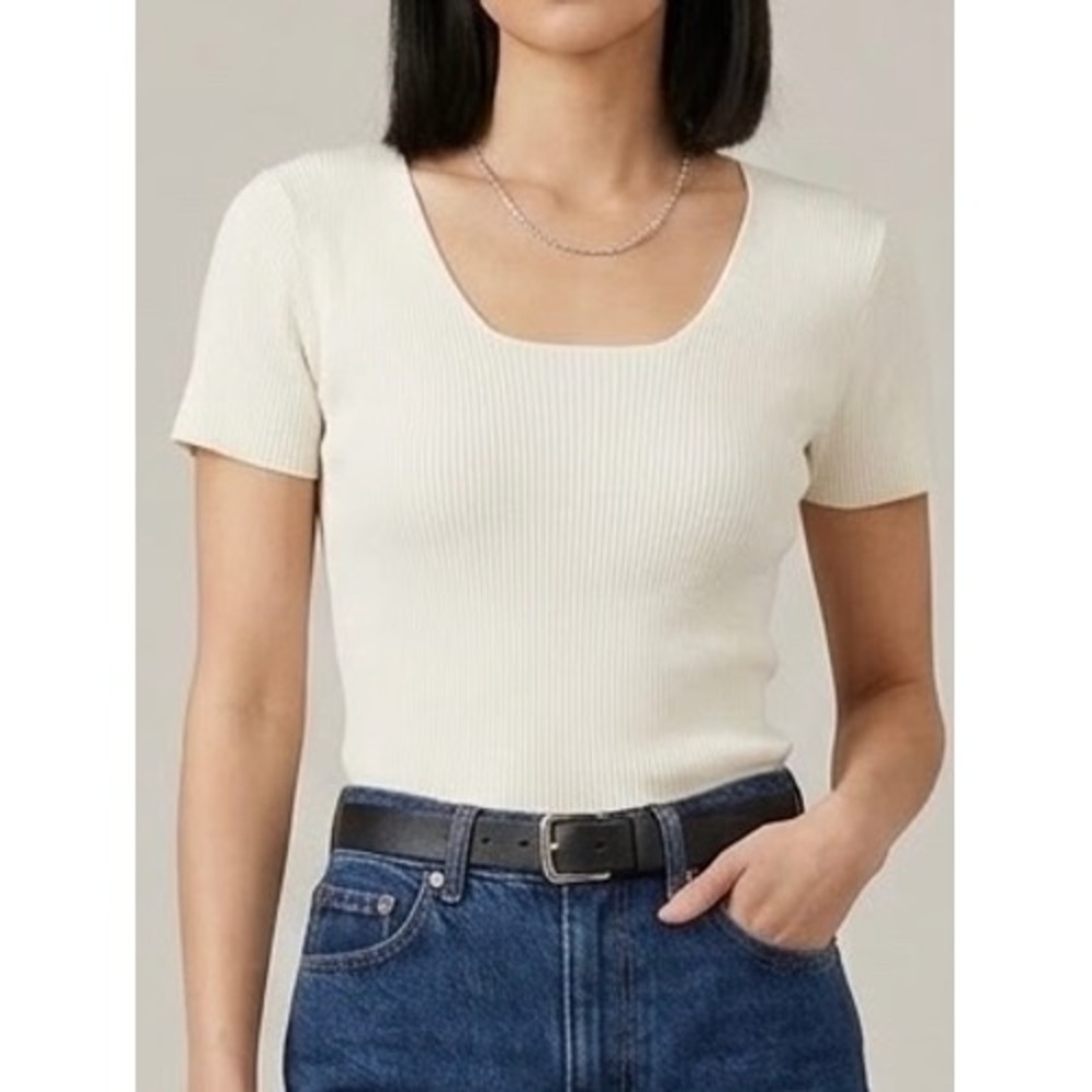 Vintage 90s Worthington Knit Top Small Cream Ribbed Scoop Neck Basic Minimalist
